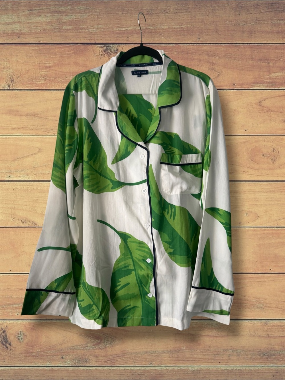NEW Katie Kime Tropical Green Leaf Long Sleeve Pajama Pants Set, XL - Picture 2 of 10